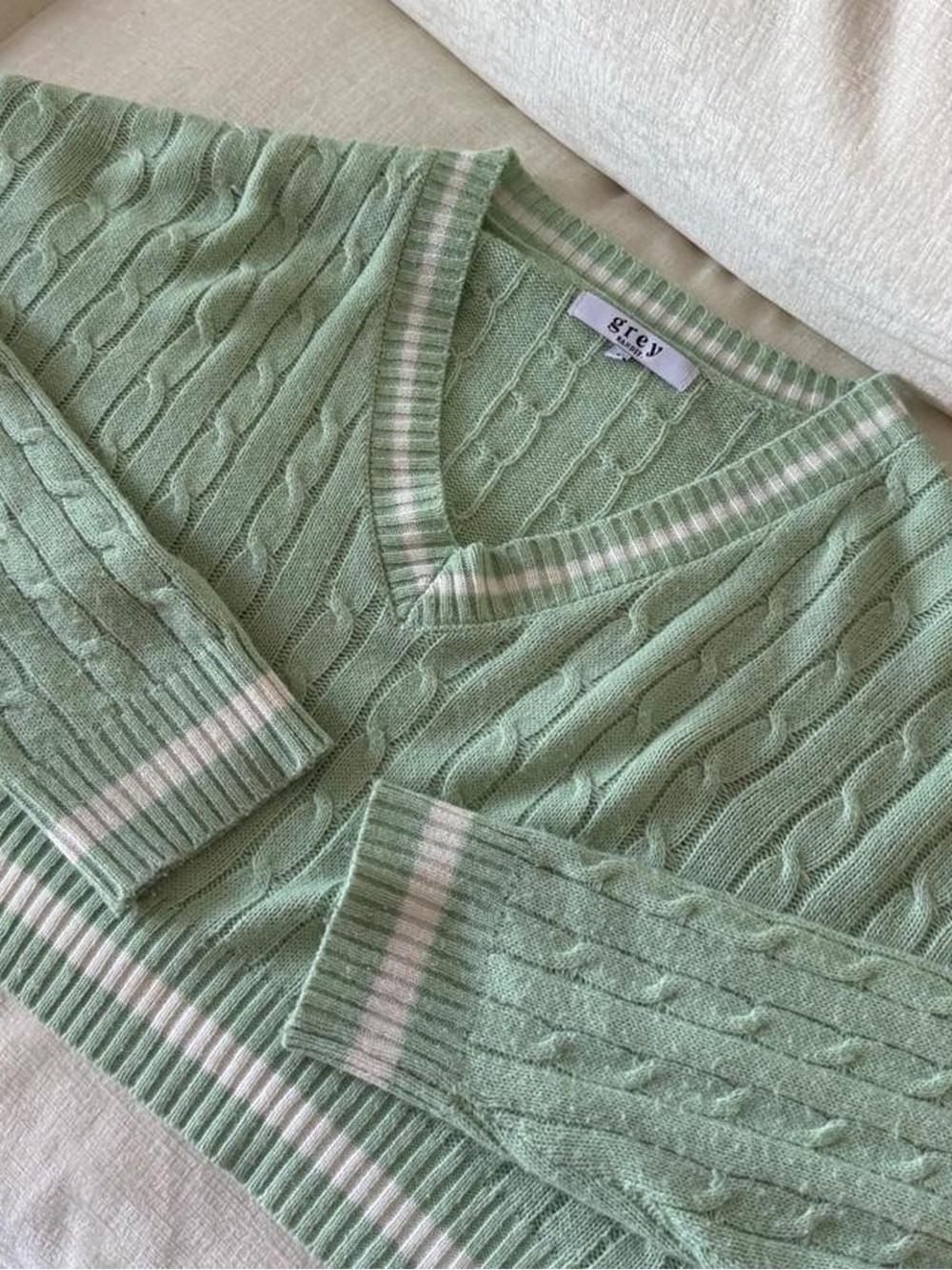 mint green preppy cable knit cropped sweater with white stripes 💚🤍